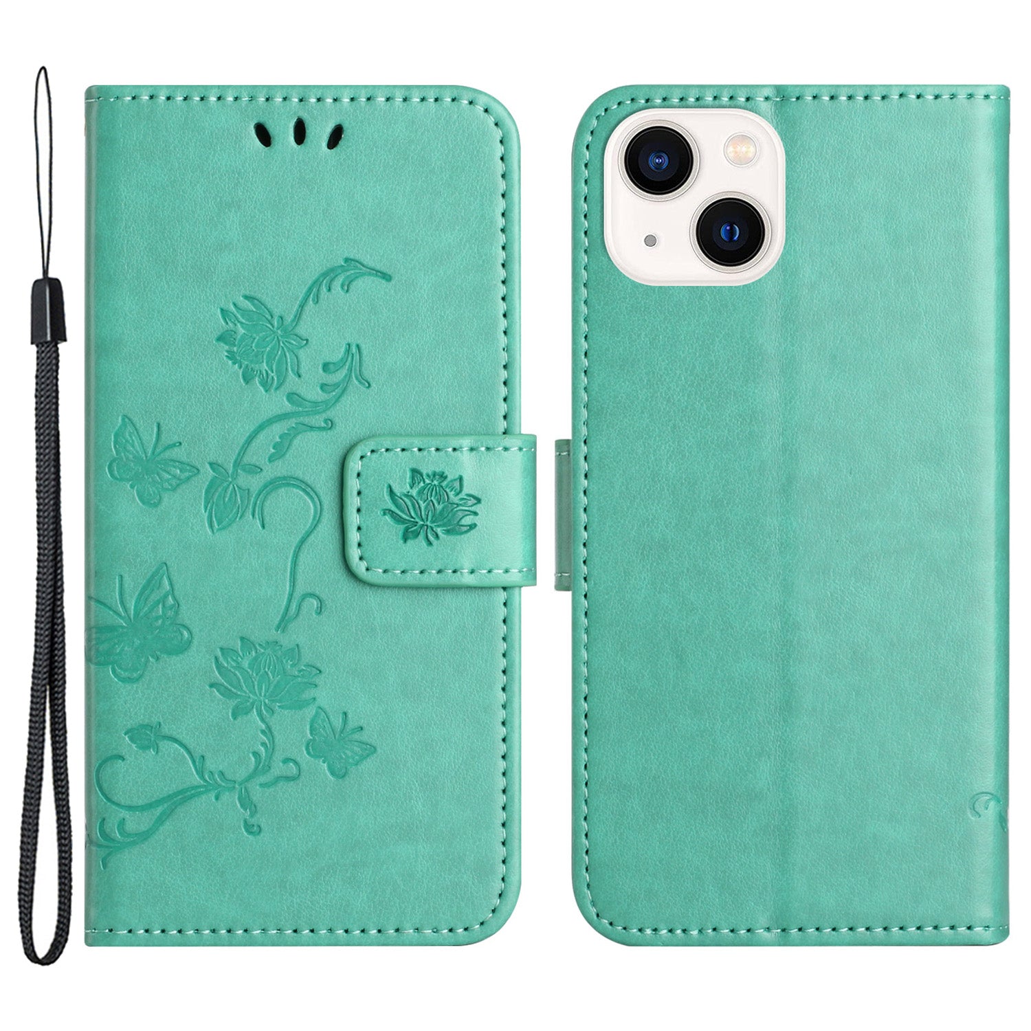 PU Leather Wallet Phone Case for iPhone 15 Butterfly Flower Imprinted Stand Smartphone Cover