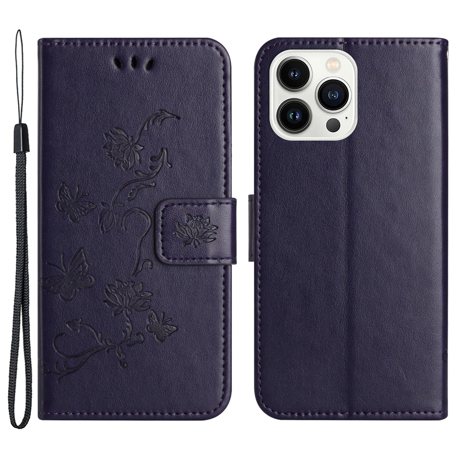 Butterfly Flower Imprinted Leather Case for iPhone 15 Pro Stand Waller Protective Phone Cover