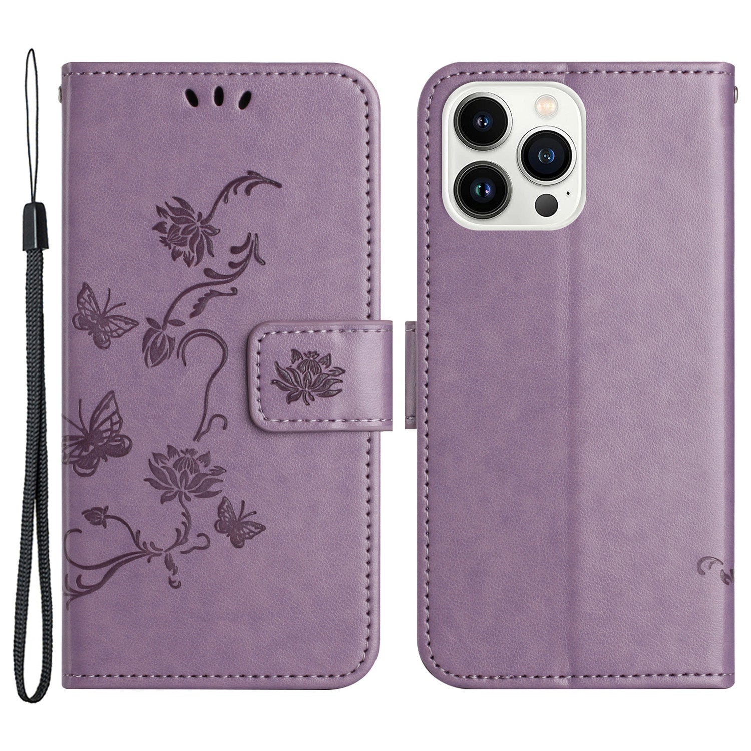 Butterfly Flower Imprinted Leather Case for iPhone 15 Pro Stand Waller Protective Phone Cover