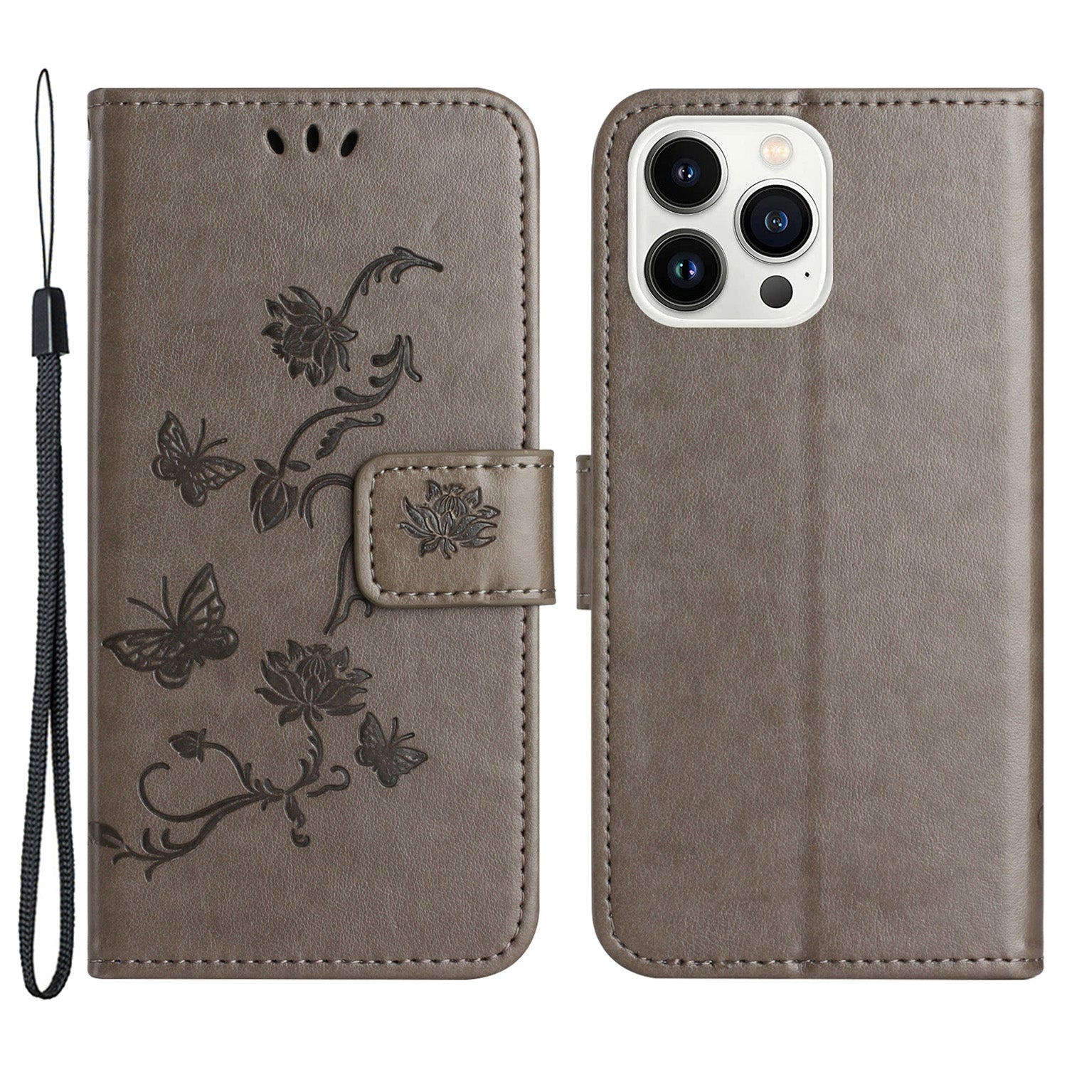 Butterfly Flower Imprinted Leather Case for iPhone 15 Pro Stand Waller Protective Phone Cover