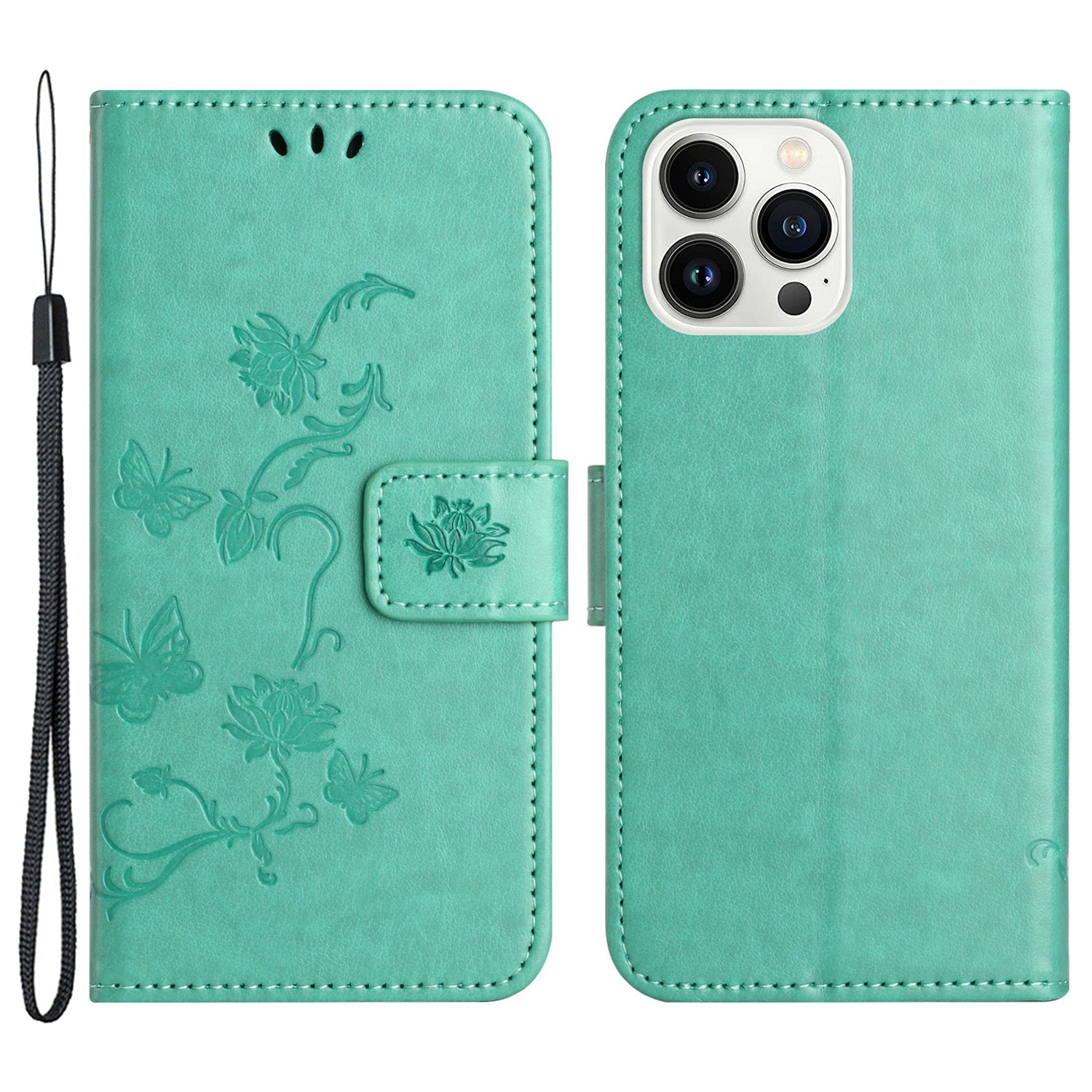 Butterfly Flower Imprinted Leather Case for iPhone 15 Pro Stand Waller Protective Phone Cover