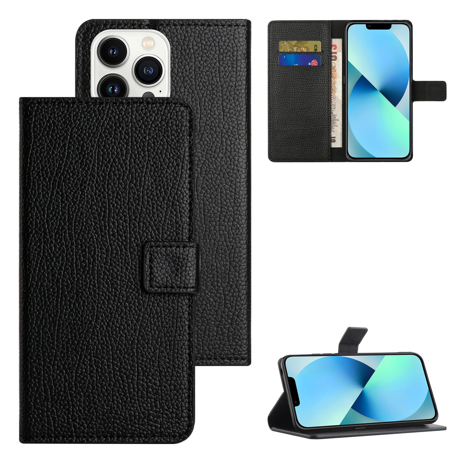PU Leather Phone Case for iPhone 15 Pro Max Wallet Stand Litchi Texture Phone Cover