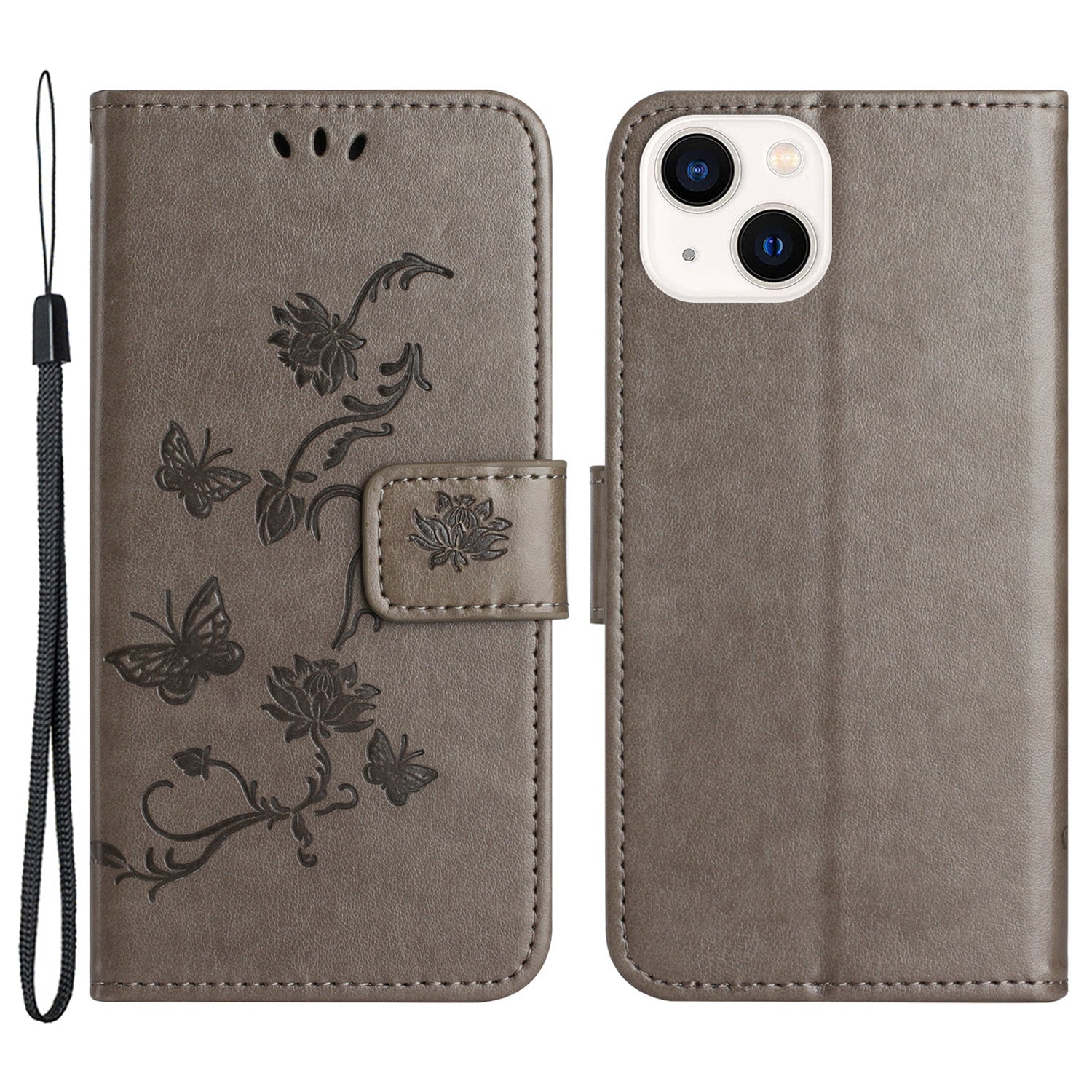 Wallet Stand Phone Case for iPhone 15 Plus Butterfly Flower Imprinted PU Leather Phone Cover