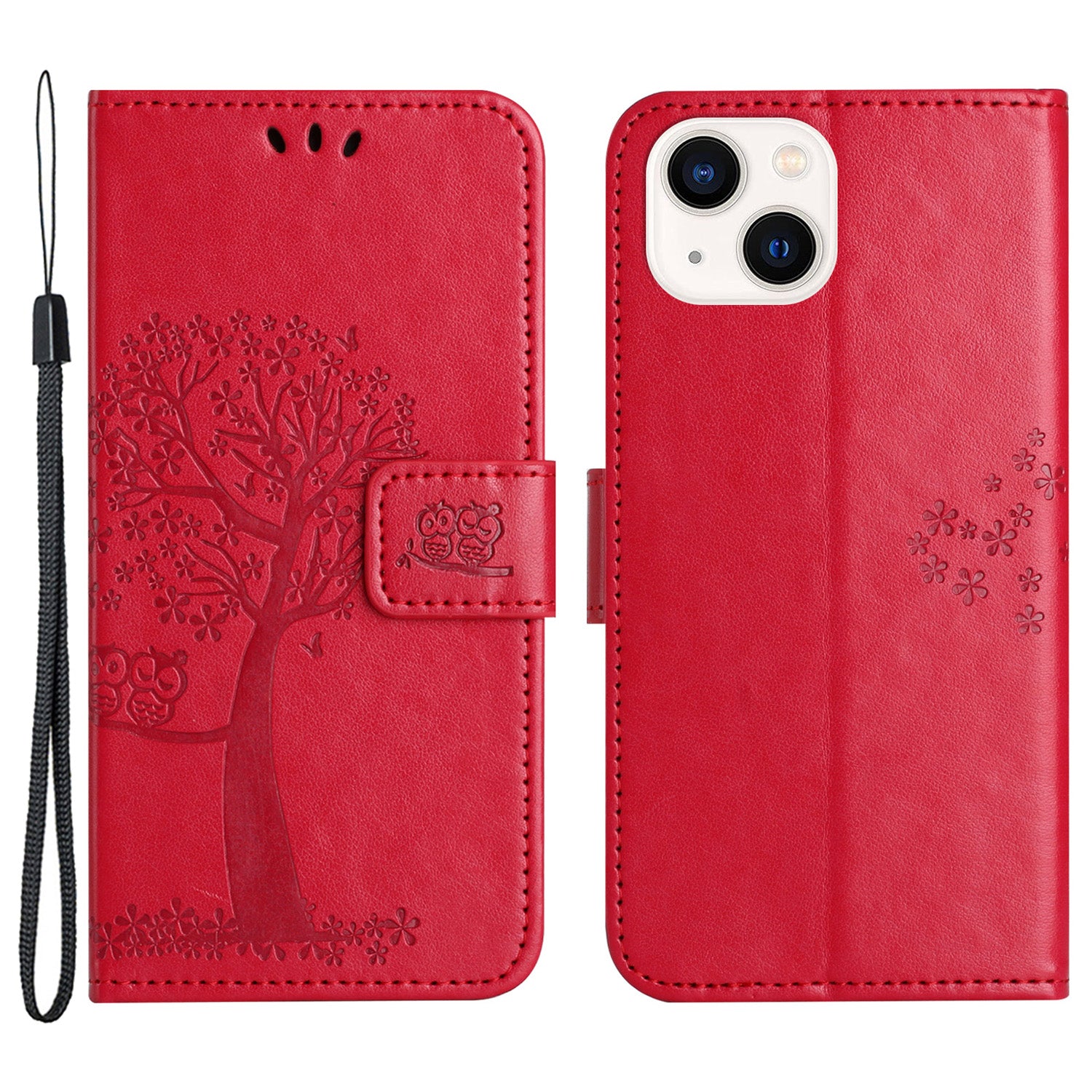 Phone Leather Case for iPhone 15 Stand Wallet Owl Tree Imprinted Full Protection Phone Cover