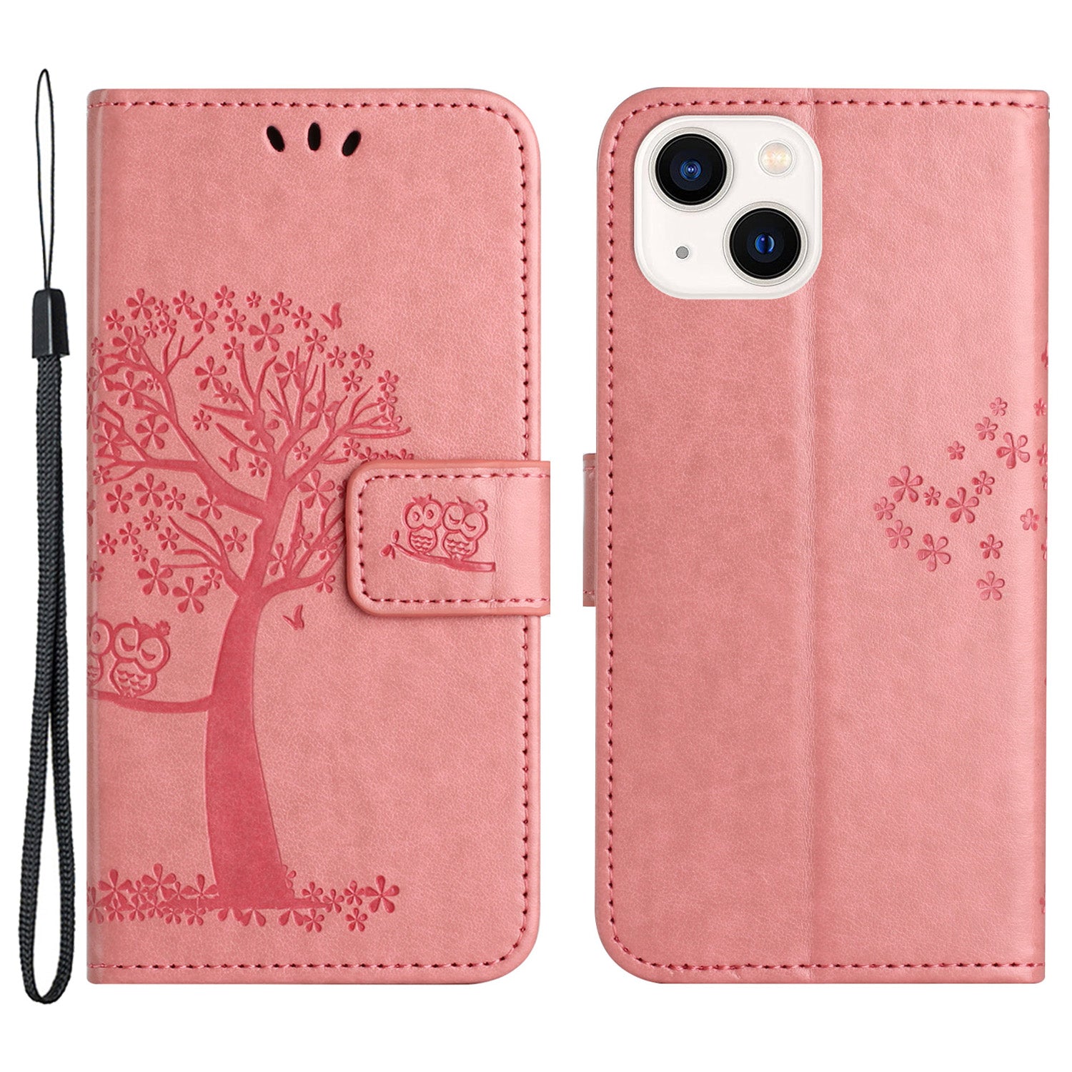 Phone Leather Case for iPhone 15 Stand Wallet Owl Tree Imprinted Full Protection Phone Cover
