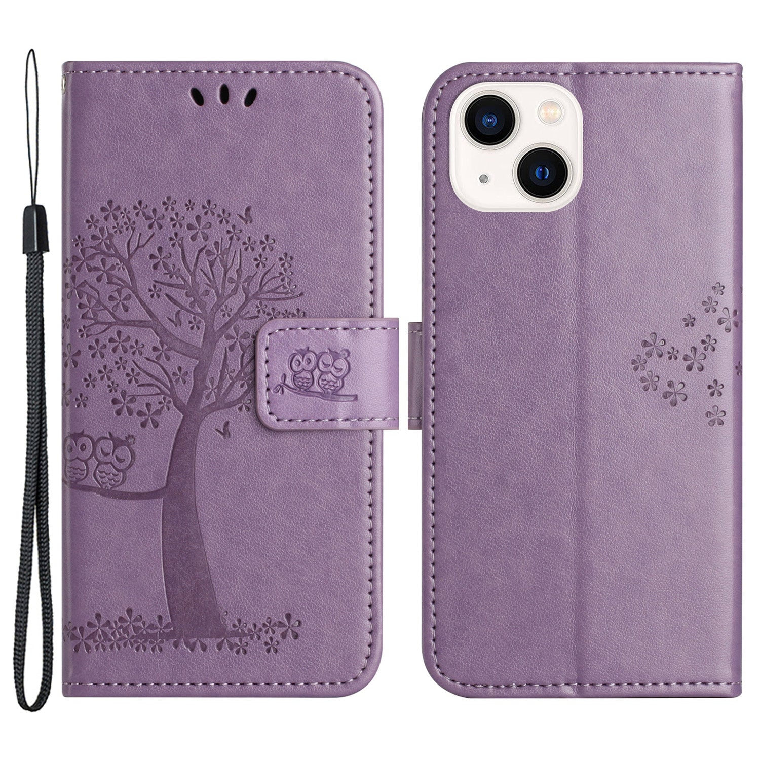 Phone Leather Case for iPhone 15 Stand Wallet Owl Tree Imprinted Full Protection Phone Cover
