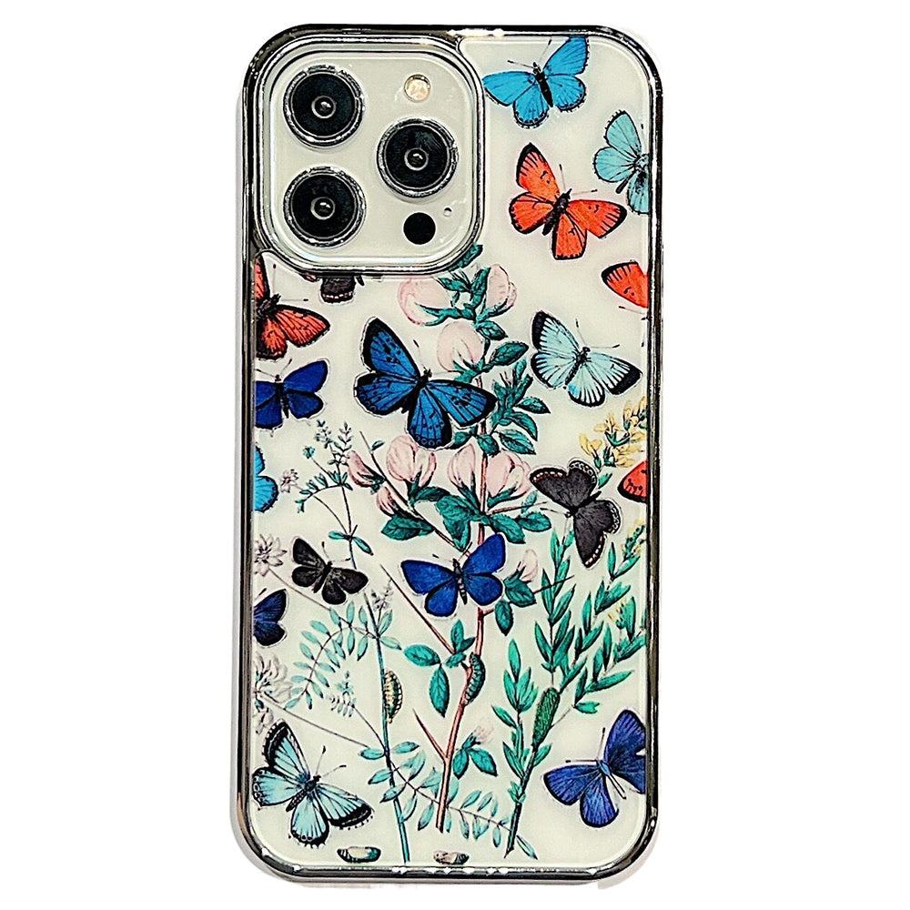 For iPhone 13 Pro 6.1 inch IMD Flower Pattern Anti-drop Phone Case PC TPU Electroplating Cover