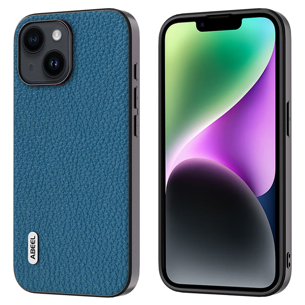 ABEEL For iPhone 14 Anti-scratch Cowhide Leather Coated PC TPU Phone Case Litchi Texture Cover