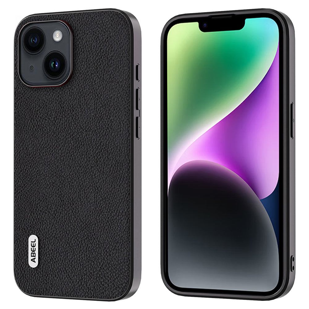 ABEEL For iPhone 14 Plus Phone Case Cowhide Leather Coated PC TPU Fine Litchi Texture Back Cover