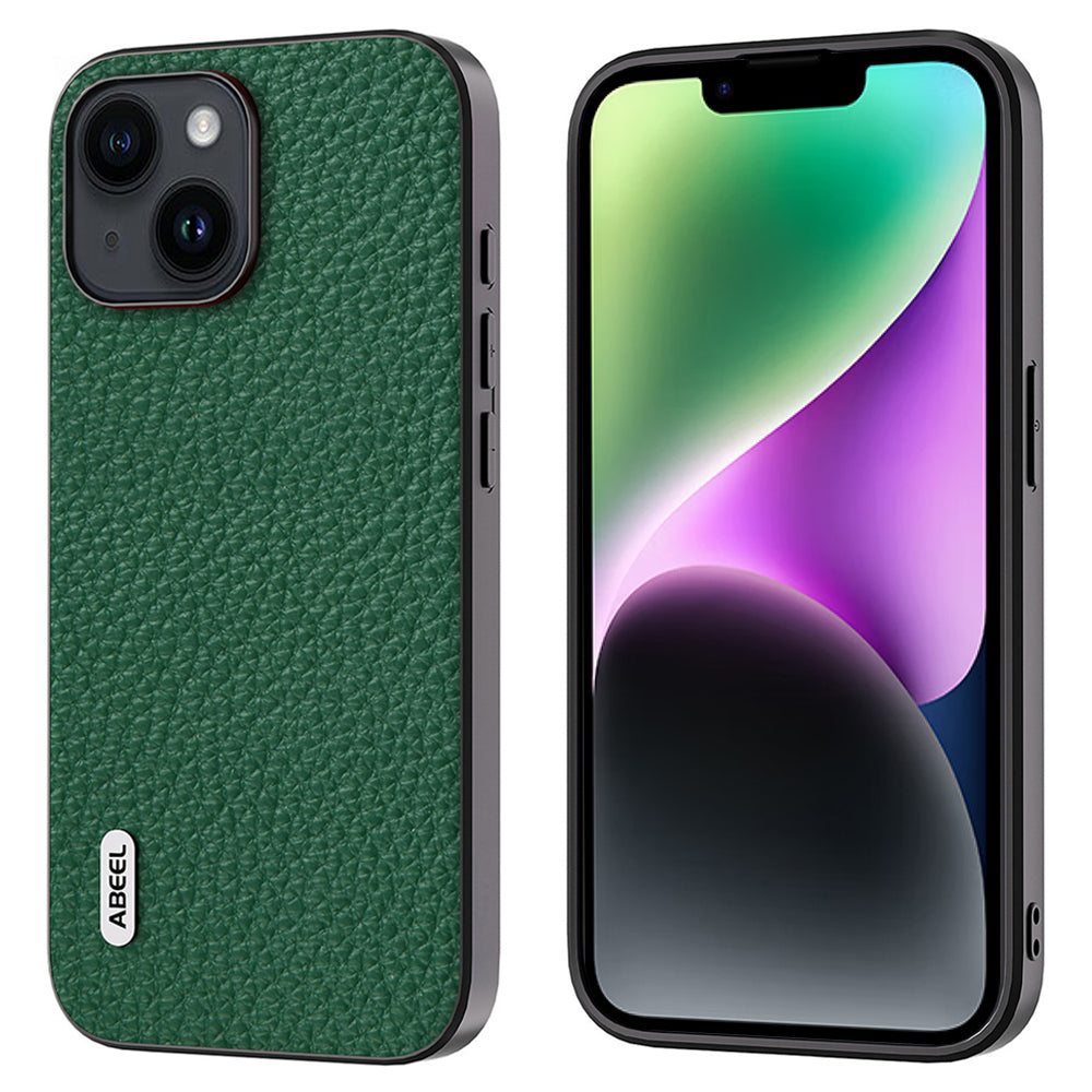 ABEEL For iPhone 14 Plus Cowhide Leather Coated PC TPU Phone Case Litchi Texture Shockproof Cover