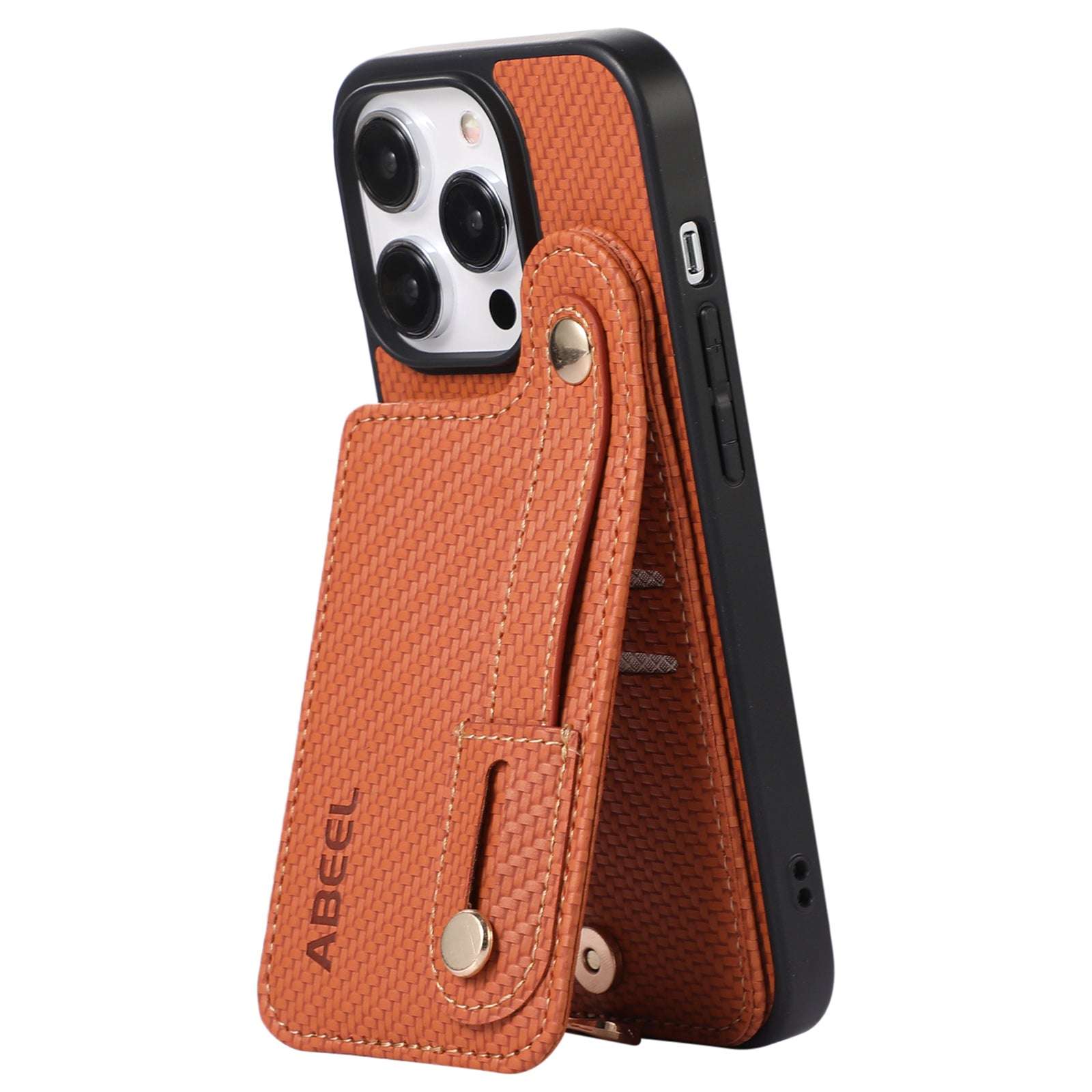 ABEEL Style 03 Kickstand Cover for iPhone 15 Pro Max Carbon Fiber Texture PU Leather TPU RFID Blocking Card Holder Phone Case