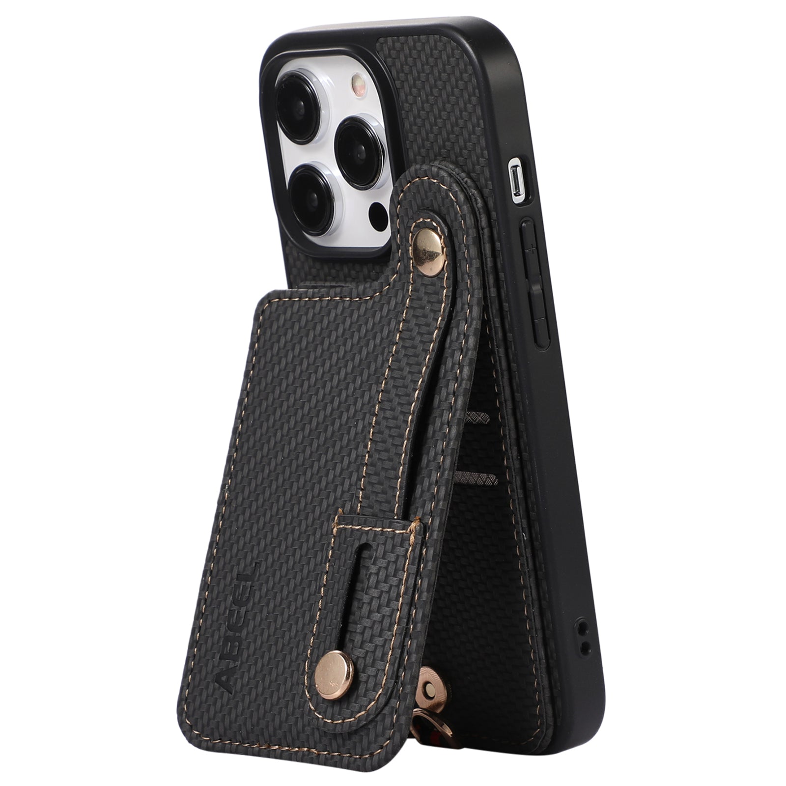 ABEEL Style 03 Kickstand Cover for iPhone 15 Pro Max Carbon Fiber Texture PU Leather TPU RFID Blocking Card Holder Phone Case
