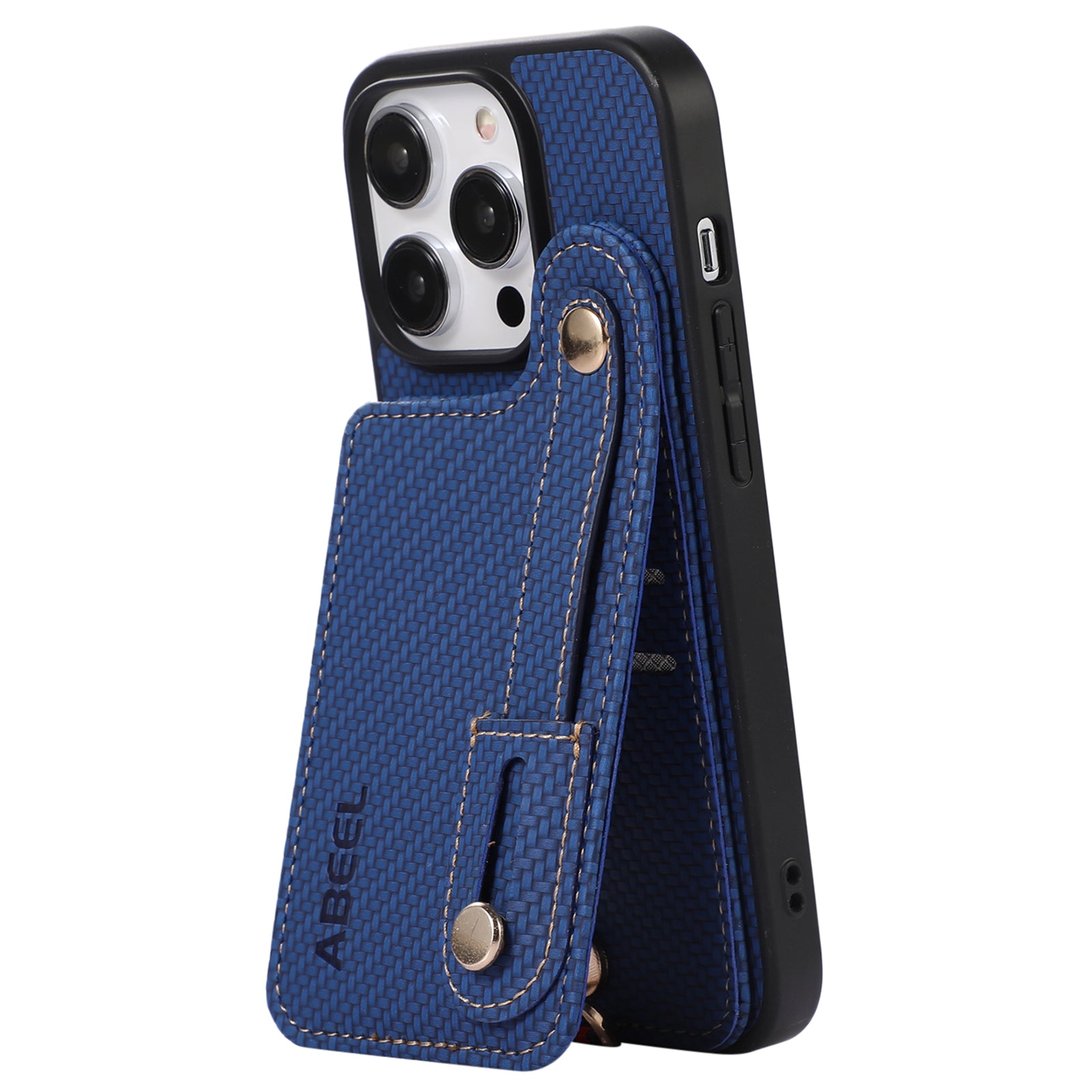 ABEEL Style 03 Kickstand Cover for iPhone 15 Pro Max Carbon Fiber Texture PU Leather TPU RFID Blocking Card Holder Phone Case