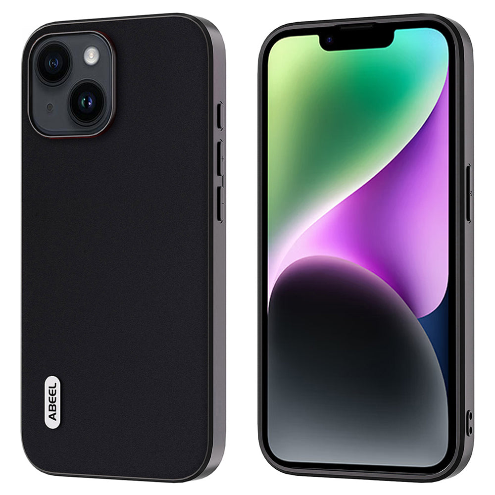 ABEEL For iPhone 14 Soft Silky Feeling Phone Case Cowhide Leather Coated PC TPU Hybrid Protective Cover