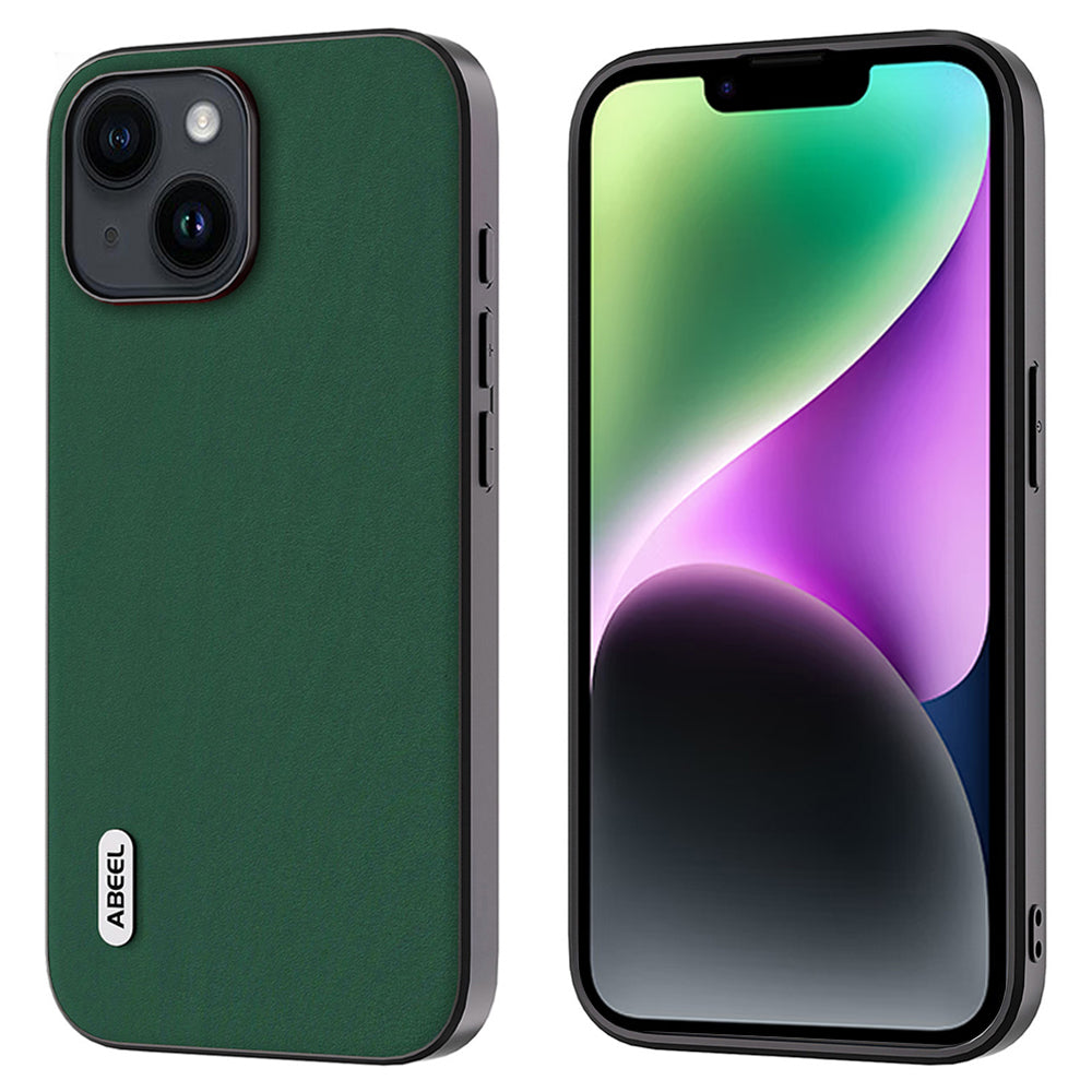 ABEEL For iPhone 14 Soft Silky Feeling Phone Case Cowhide Leather Coated PC TPU Hybrid Protective Cover