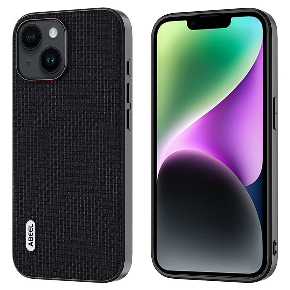 ABEEL For iPhone 14 Plus Protective Phone Case Cowhide Leather Coated PC TPU Luxury Textured Cover