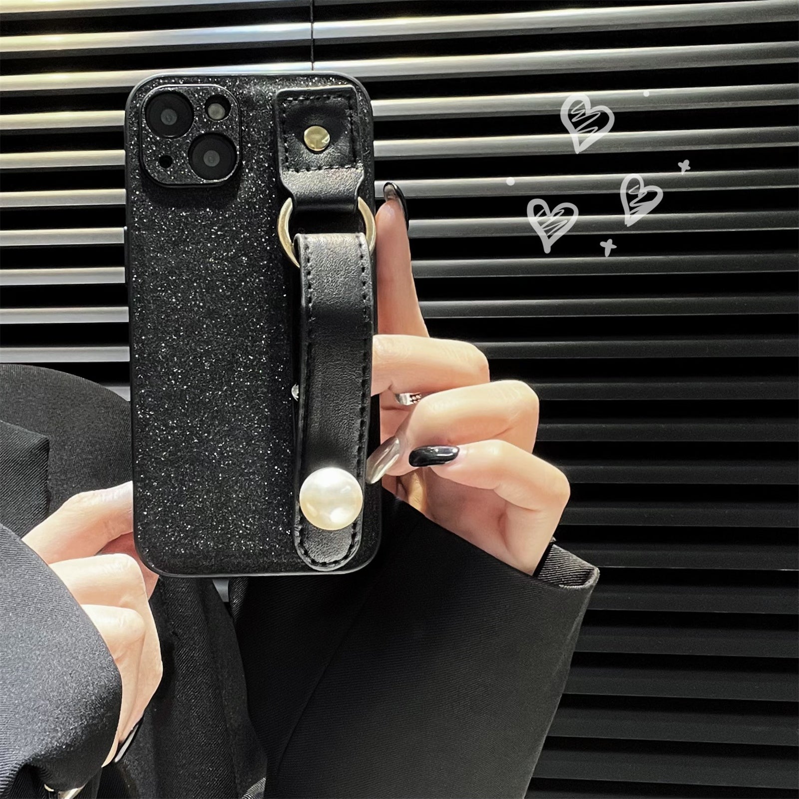 For iPhone 14 Dustproof Phone Case Pearl Decor Wristband Black PU Leather TPU Phone Cover Shell