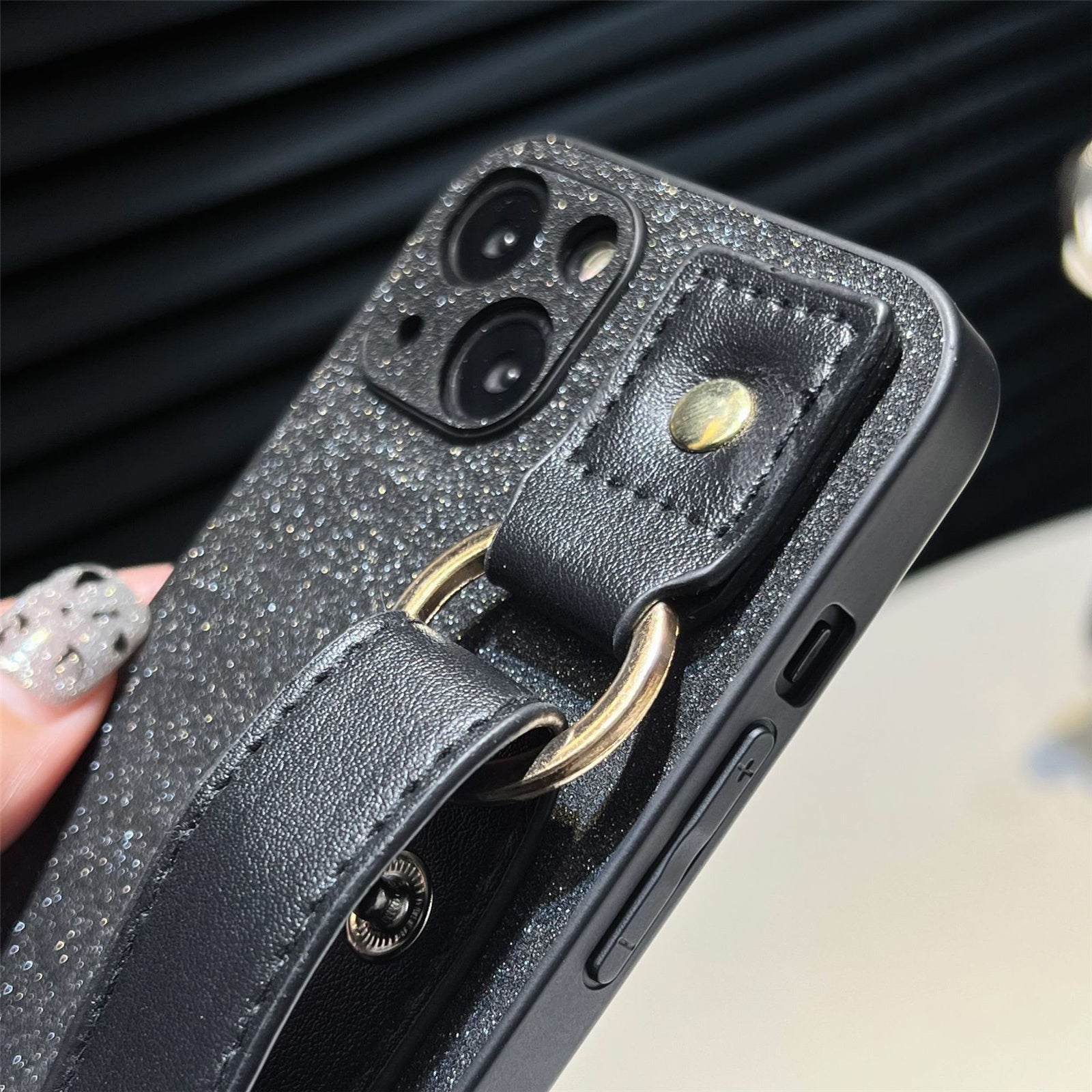 For iPhone 14 Dustproof Phone Case Pearl Decor Wristband Black PU Leather TPU Phone Cover Shell
