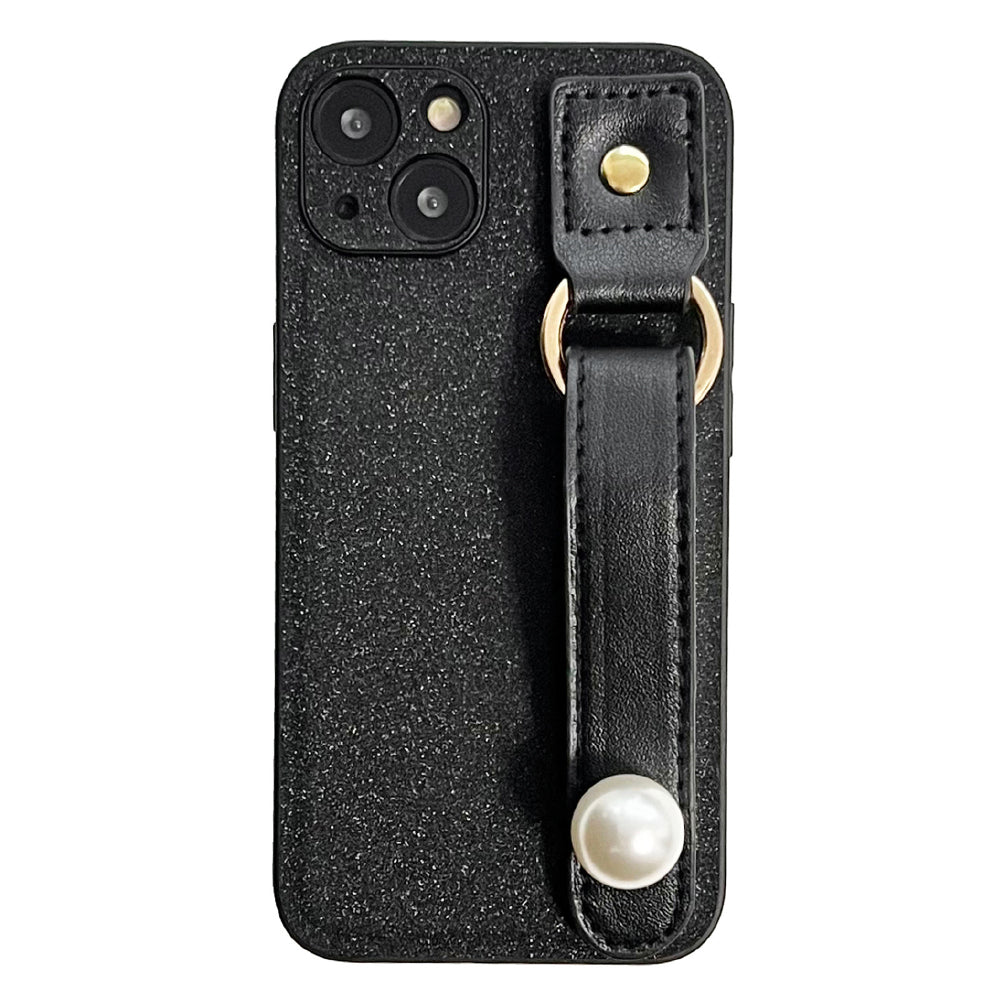 PU Leather TPU Phone Case for iPhone 14 Plus Pearl Decor Wristband Drop Protection Black Phone Back Shell