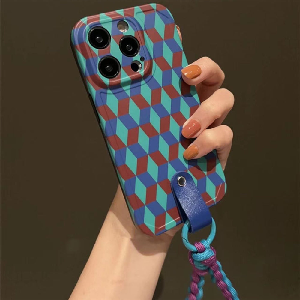 For iPhone 12 Pro Max Shockproof Phone Cover Splicing Rhombus Pattern TPU Phone Case with Wrist Strap