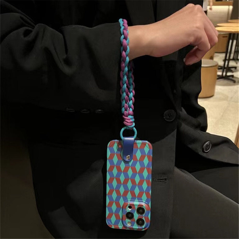 For iPhone 12 Pro Max Shockproof Phone Cover Splicing Rhombus Pattern TPU Phone Case with Wrist Strap