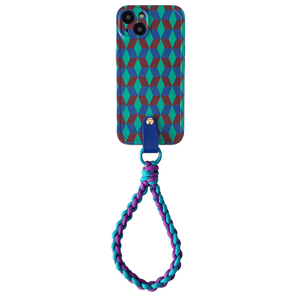 TPU Phone Case for iPhone 13 Shockproof Cover Splicing Rhombus Pattern Phone Shell with Wrist Strap