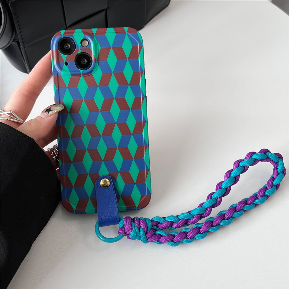 Dustproof Phone Cover for iPhone 14 Plus Splicing Rhombus Pattern TPU Phone Case with Wrist Strap