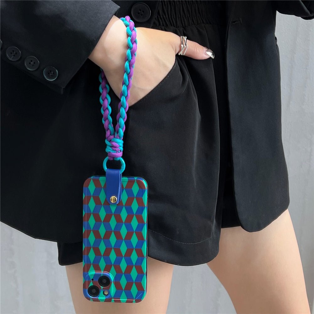 Dustproof Phone Cover for iPhone 14 Plus Splicing Rhombus Pattern TPU Phone Case with Wrist Strap