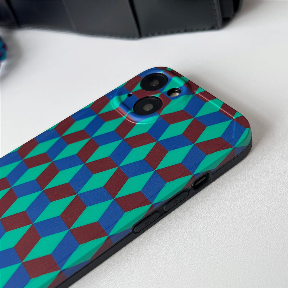 Dustproof Phone Cover for iPhone 14 Plus Splicing Rhombus Pattern TPU Phone Case with Wrist Strap