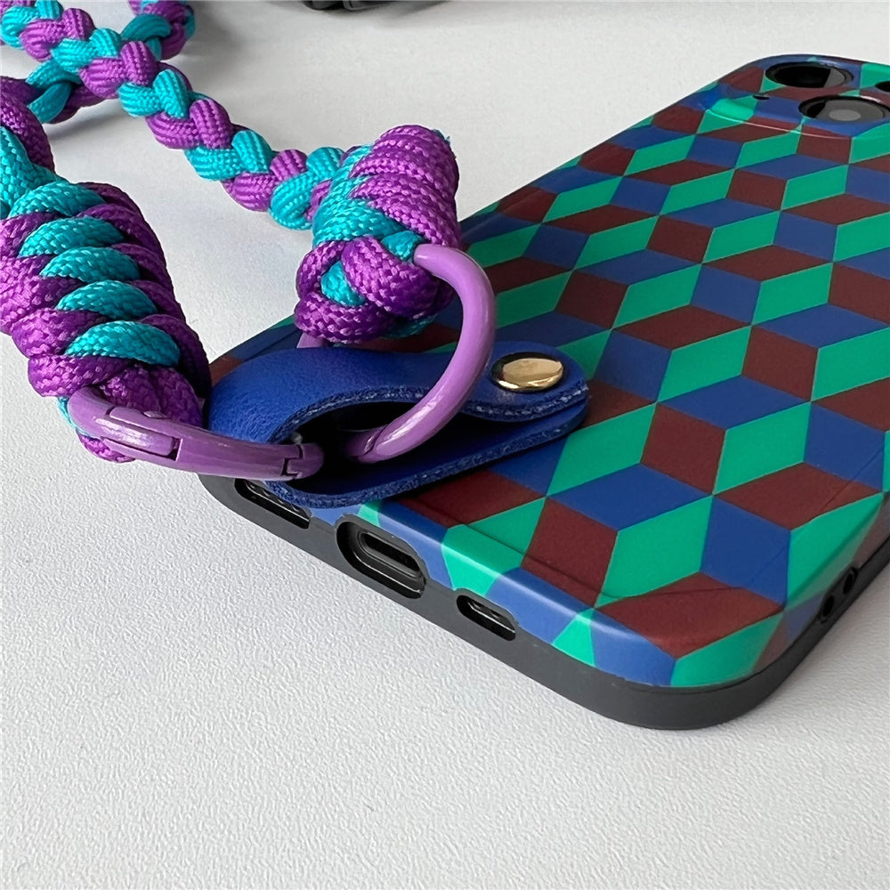 Dustproof Phone Cover for iPhone 14 Plus Splicing Rhombus Pattern TPU Phone Case with Wrist Strap
