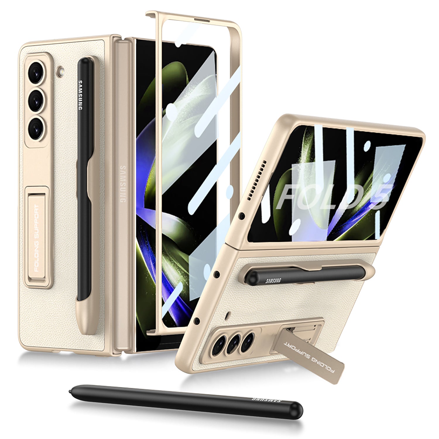 GKK For Samsung Galaxy Z Fold5 5G Pen Slot Phone Case PU Leather PC Kickstand Cover with Tempered Glass Film