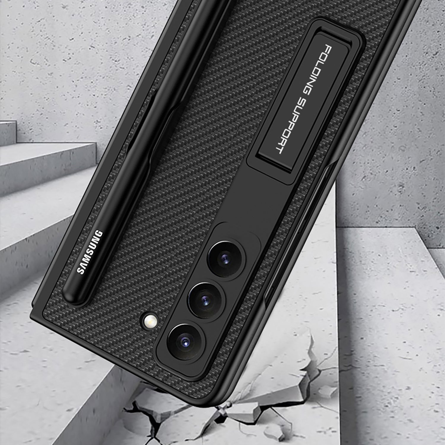 GKK For Samsung Galaxy Z Fold5 5G Pen Slot Phone Case PU Leather PC Kickstand Cover with Tempered Glass Film