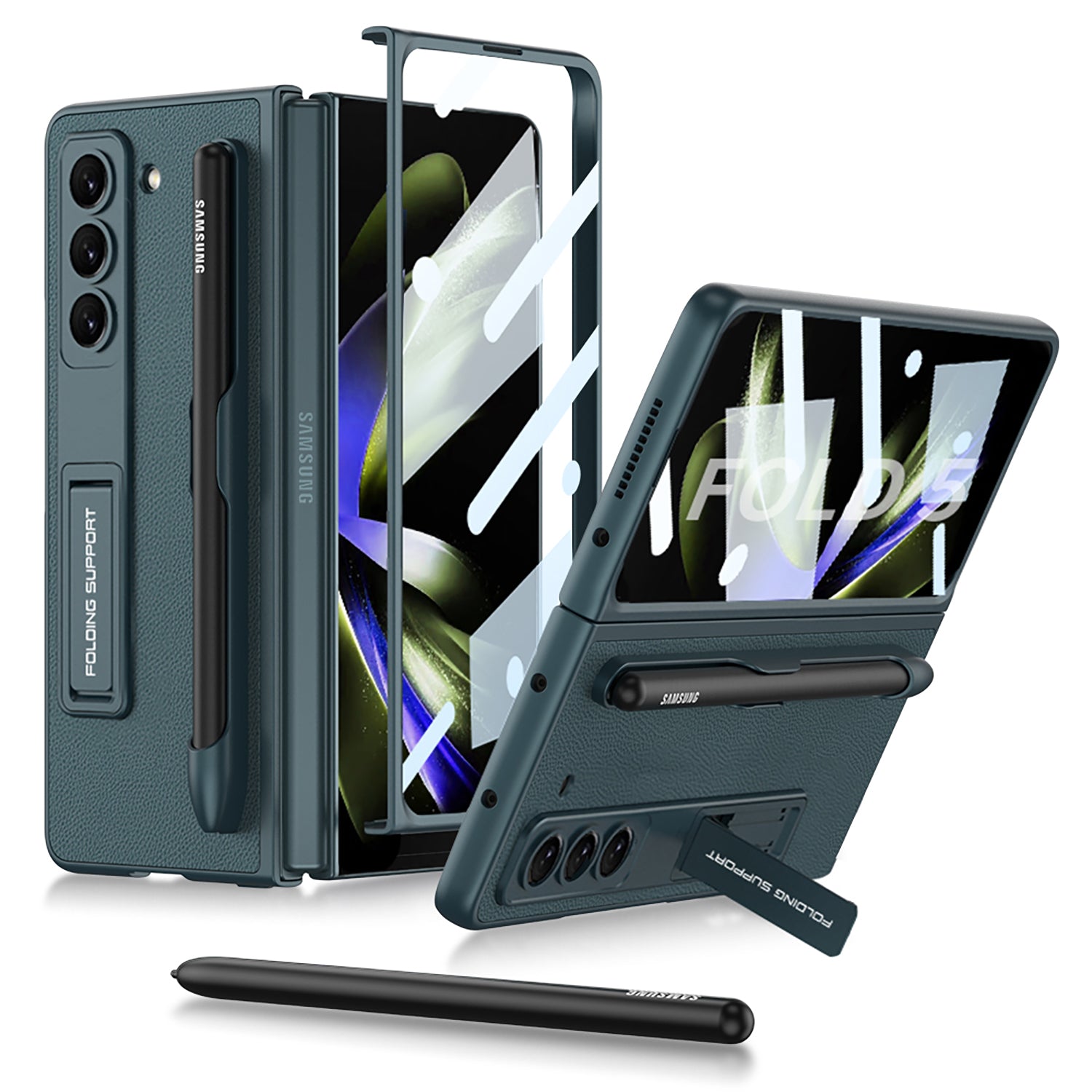 GKK For Samsung Galaxy Z Fold5 5G Pen Slot Phone Case PU Leather PC Kickstand Cover with Tempered Glass Film