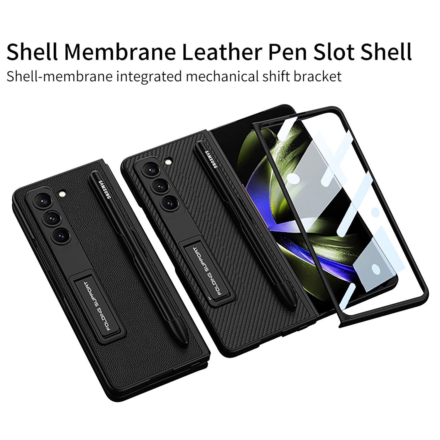 GKK For Samsung Galaxy Z Fold5 5G Pen Slot Phone Case PU Leather PC Kickstand Cover with Tempered Glass Film