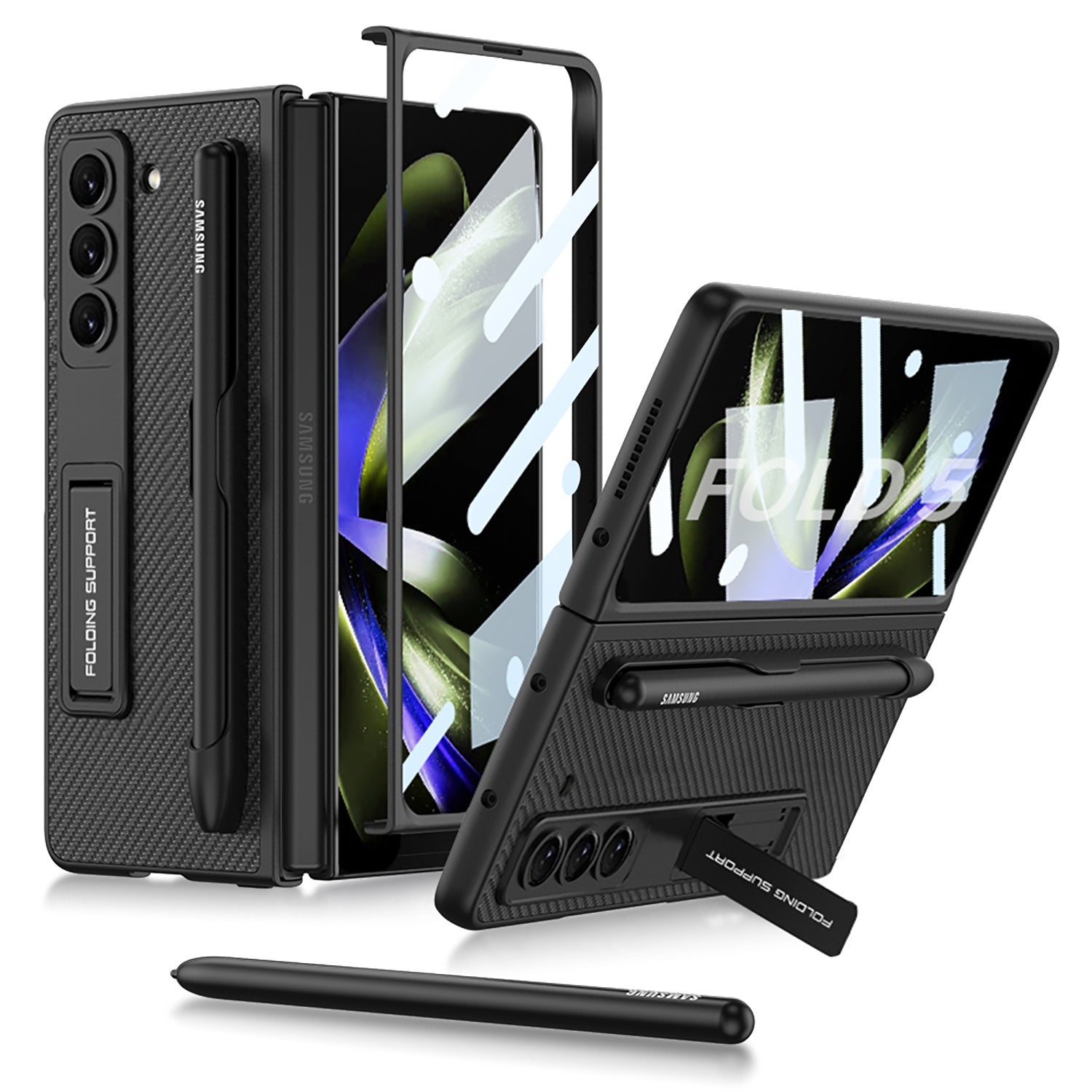 GKK For Samsung Galaxy Z Fold5 5G Pen Slot Phone Case PU Leather PC Kickstand Cover with Tempered Glass Film