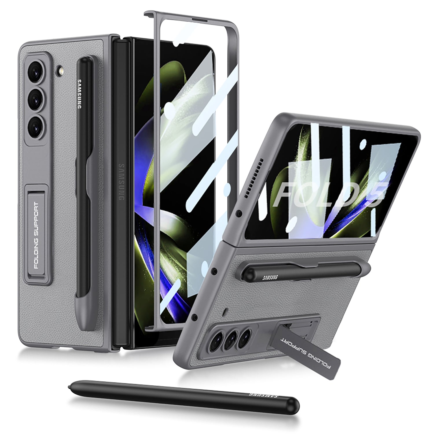 GKK For Samsung Galaxy Z Fold5 5G Pen Slot Phone Case PU Leather PC Kickstand Cover with Tempered Glass Film