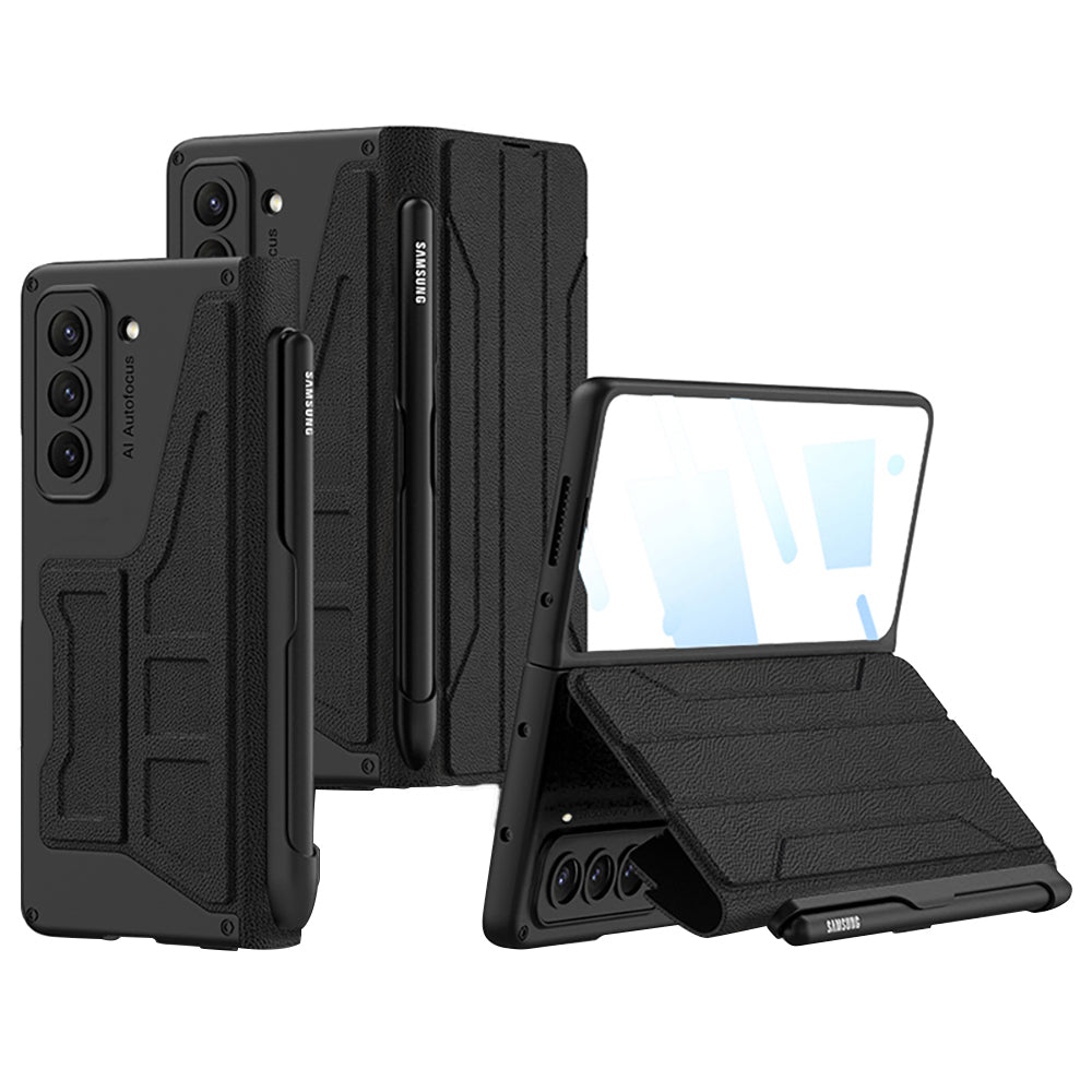GKK For Samsung Galaxy Z Fold5 5G Phone Case PU Leather PC Stand Cover with Pen Slot and Tempered Glass Film