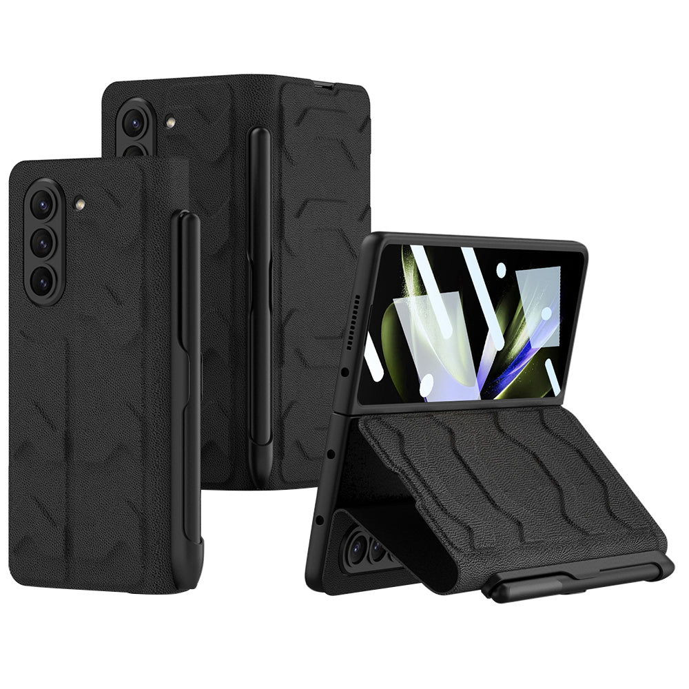 GKK For Samsung Galaxy Z Fold5 5G Phone Case PU Leather PC Pencil Slot Phone Cover with Tempered Glass Film