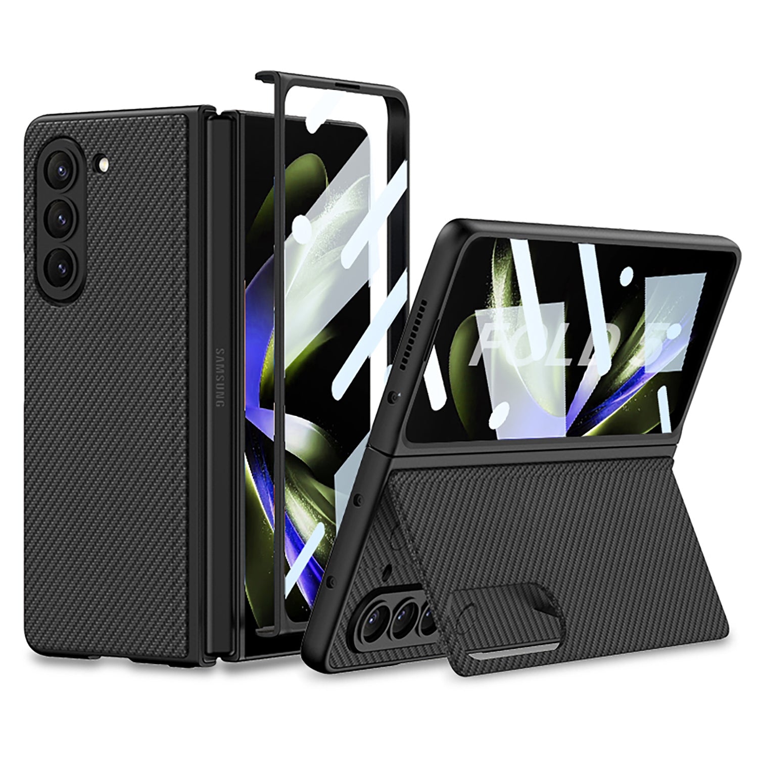 GKK For Samsung Galaxy Z Fold5 5G Kickstand Phone Case Ultra Slim Hard PC PU Leather Phone Cover with Tempered Glass Film