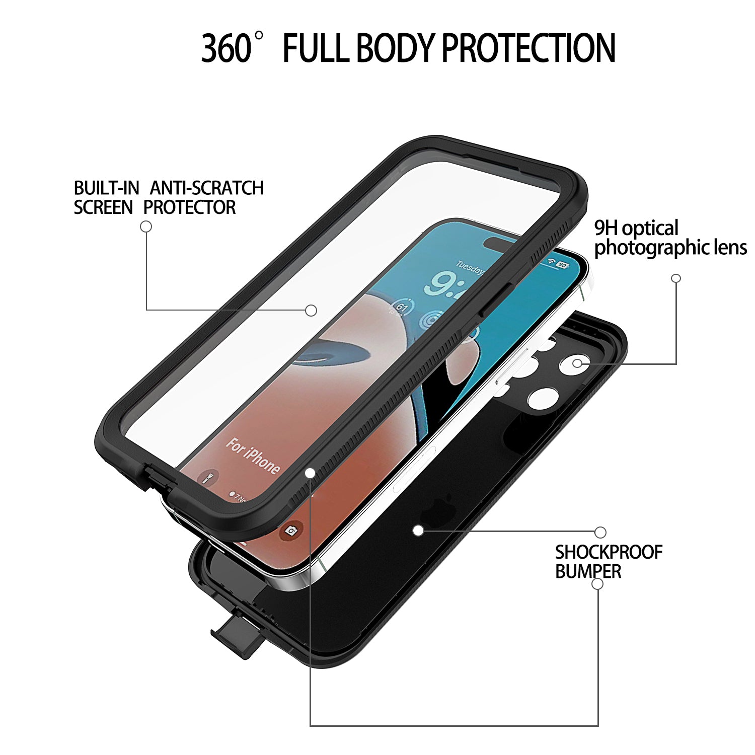 For iPhone 15 Pro TPU PC PET 3m Underwater Protection Phone Cover IP68 Waterproof Diving Case