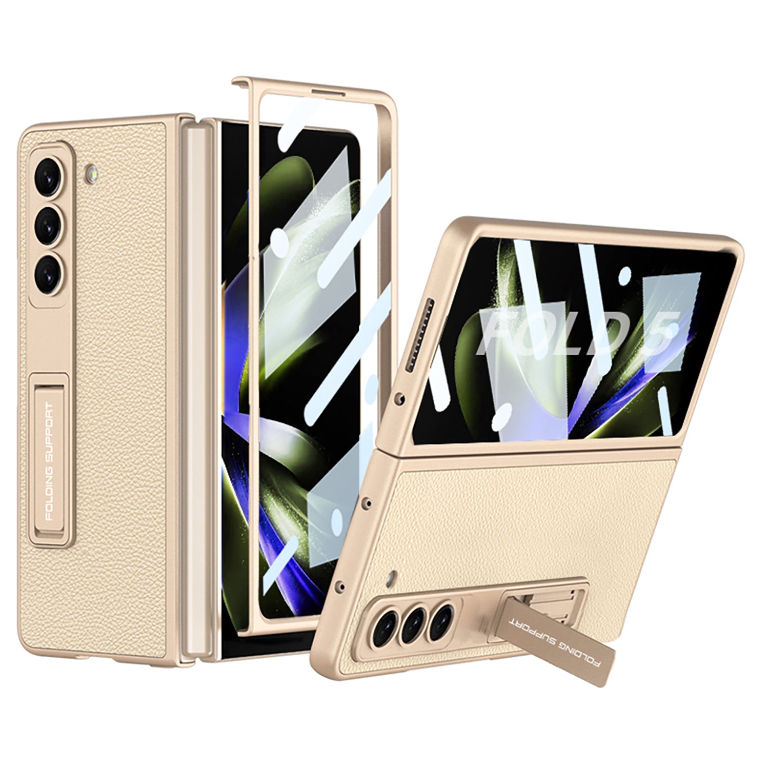 GKK For Samsung Galaxy Z Fold5 5G Electroplating Phone Case Hard PC PU Leather Kickstand Phone Cover with Tempered Glass Film