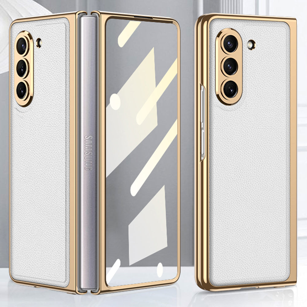GKK For Samsung Galaxy Z Fold5 5G PU Leather PC Phone Case Electroplating Cover with Tempered Glass Film