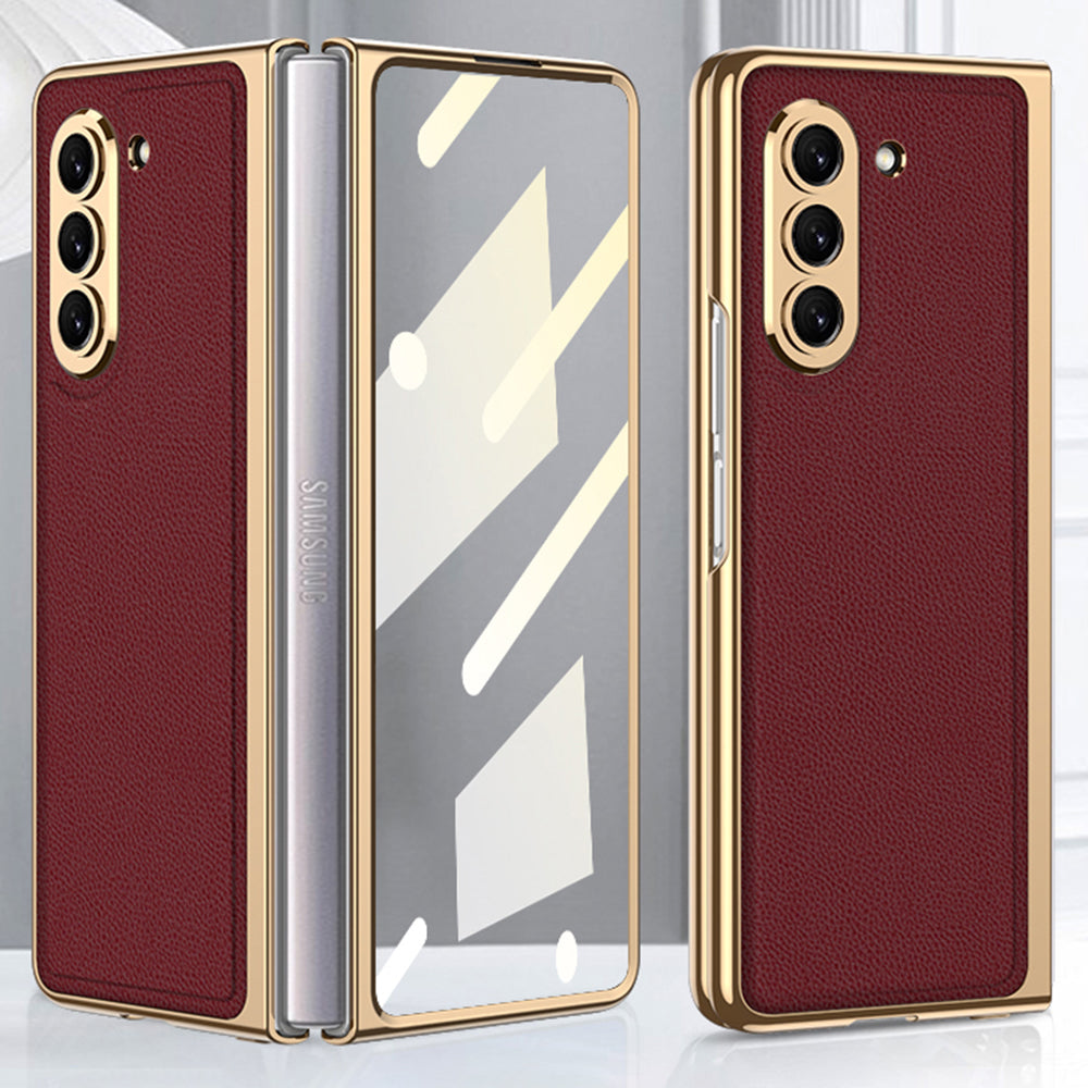 GKK For Samsung Galaxy Z Fold5 5G PU Leather PC Phone Case Electroplating Cover with Tempered Glass Film