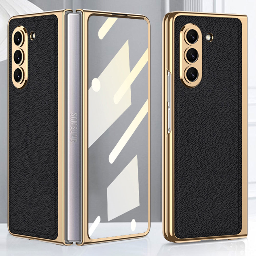 GKK For Samsung Galaxy Z Fold5 5G PU Leather PC Phone Case Electroplating Cover with Tempered Glass Film