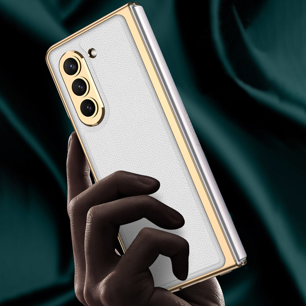 GKK For Samsung Galaxy Z Fold5 5G PU Leather PC Phone Case Electroplating Cover with Tempered Glass Film