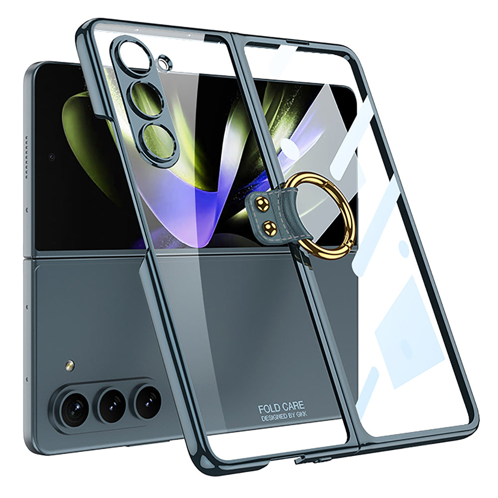 GKK For Samsung Galaxy Z Fold5 5G Hard PC Kickstand Phone Case Electroplating Clear Cover with Tempered Glass Film