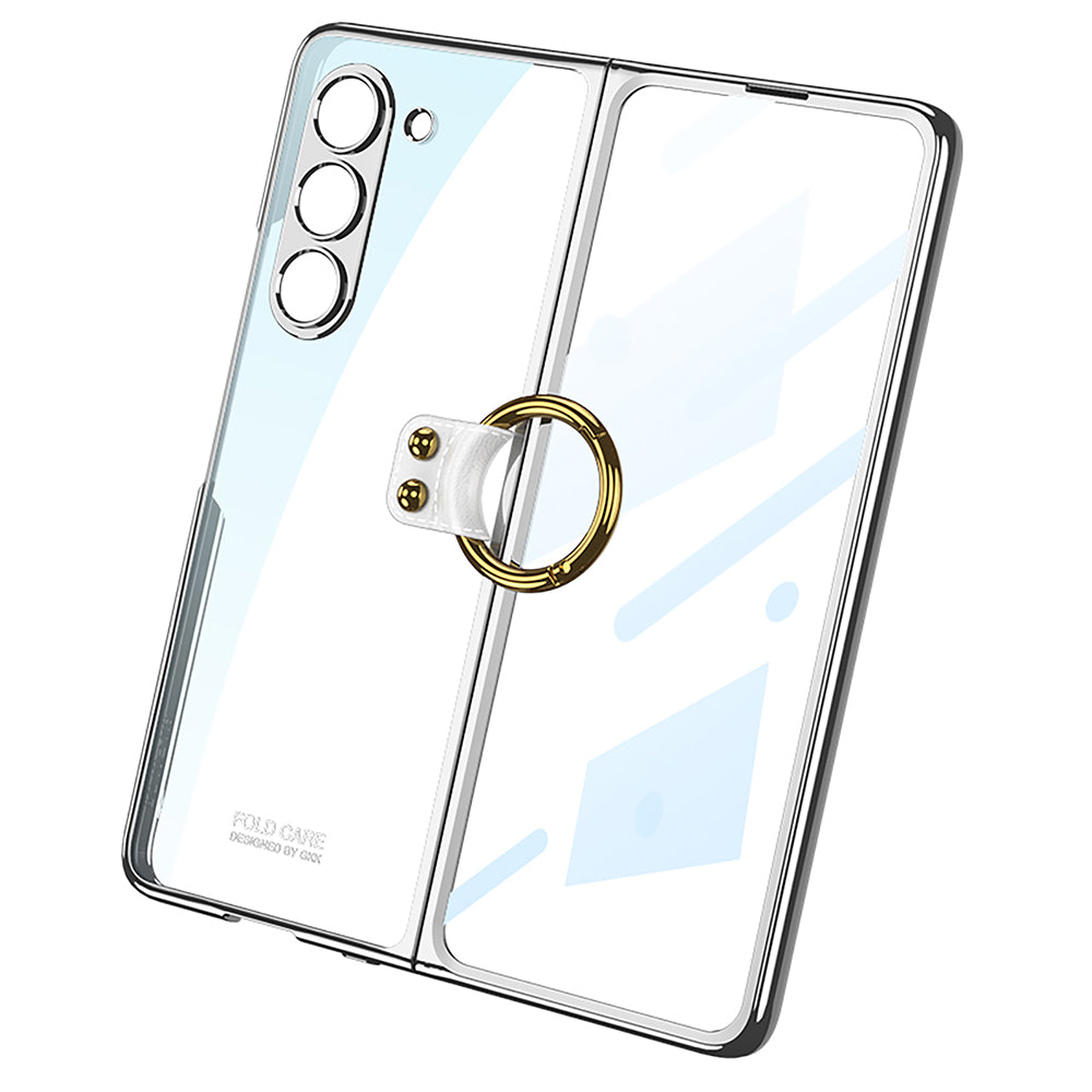 GKK For Samsung Galaxy Z Fold5 5G Hard PC Kickstand Phone Case Electroplating Clear Cover with Tempered Glass Film