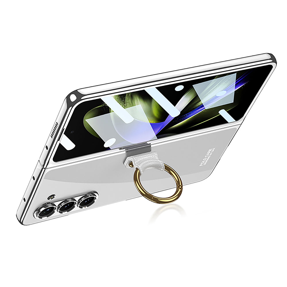 GKK For Samsung Galaxy Z Fold5 5G Hard PC Kickstand Phone Case Electroplating Clear Cover with Tempered Glass Film
