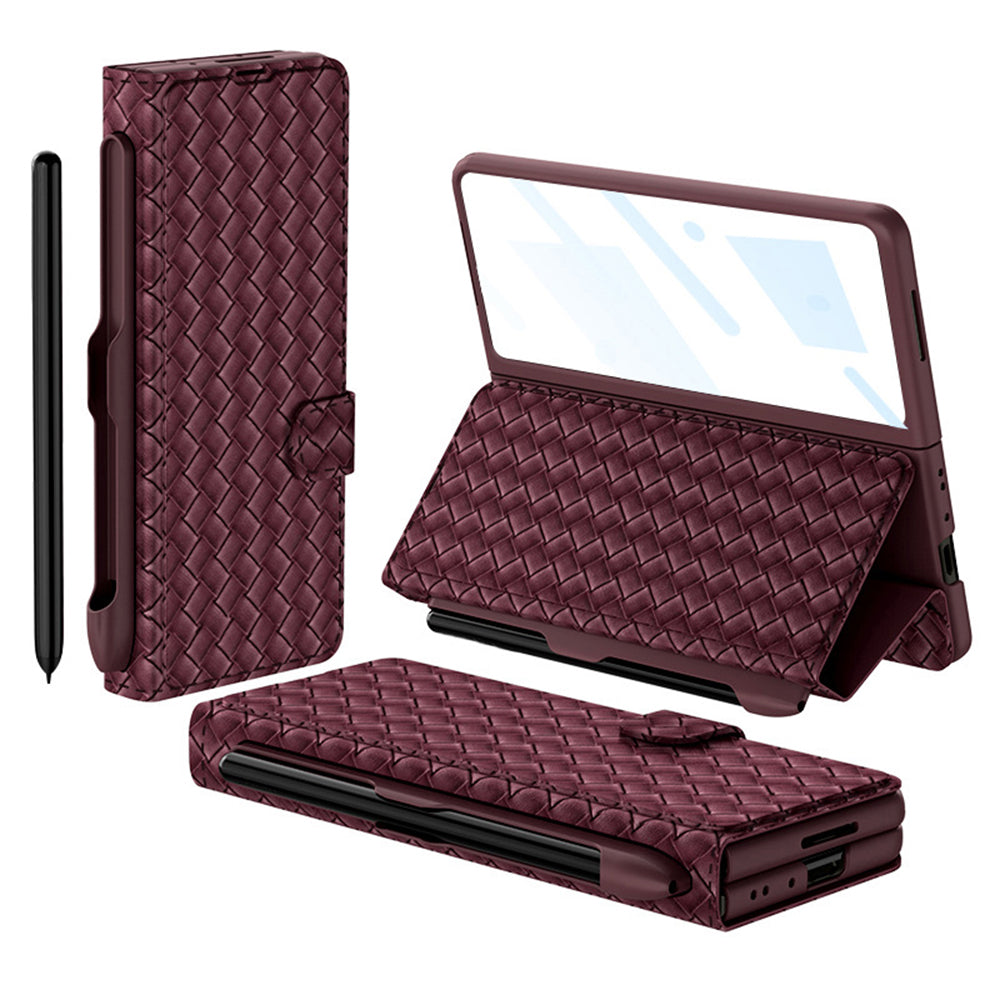 GKK For Samsung Galaxy Z Fold4 5G PU Leather Phone Case Woven Texture Stand Cover with Pen Slot Tempered Glass Film