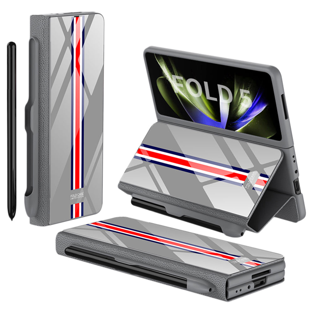 GKK For Samsung Galaxy Z Fold5 5G Pattern Printed Cover PU Leather Tempered Glass PC Pen Slot Phone Case (without Screen Protector)